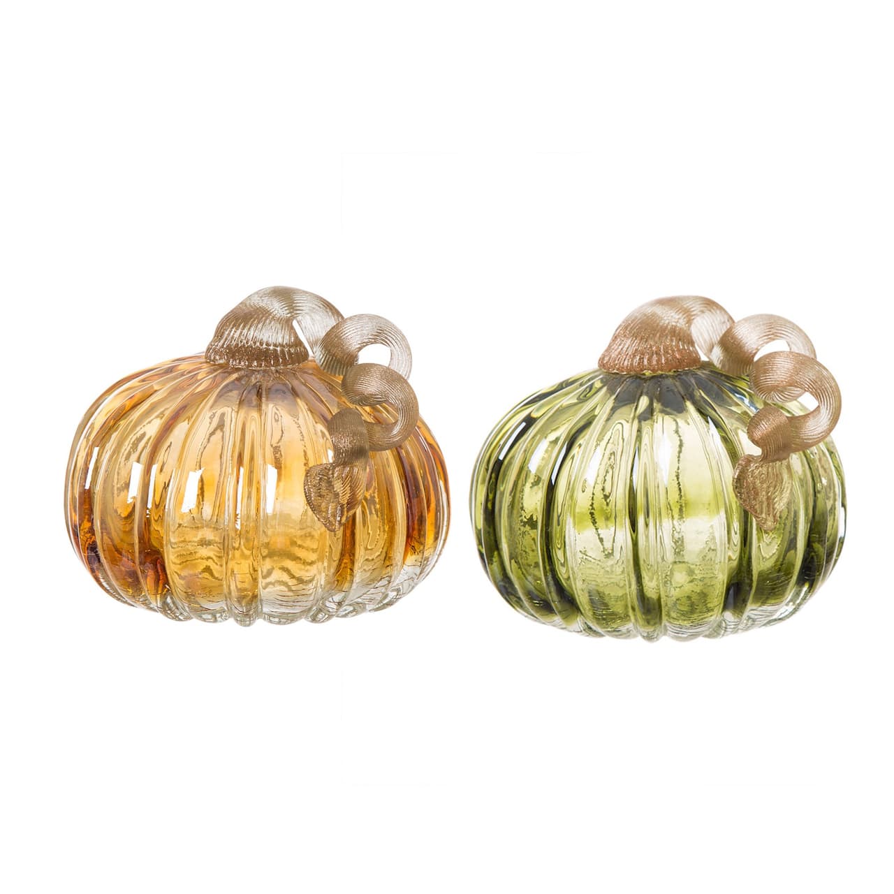 Glitzhome® 6" Green & Amber Crackle Glass Short Pumpkin, 2ct.